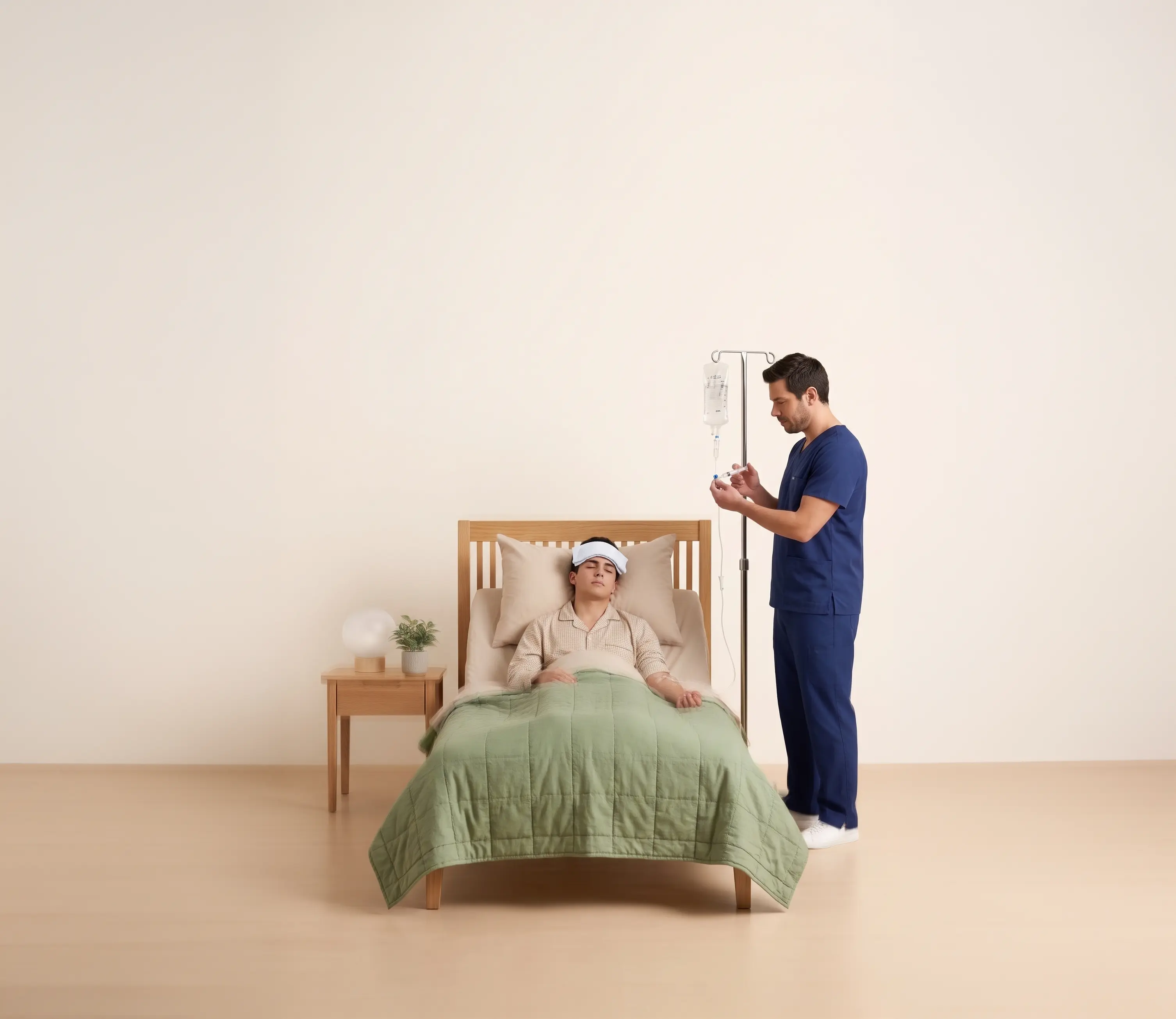 Profesional de la salud administrando tratamiento intravenoso a un paciente en reposo, como parte del servicio de hospitalización domiciliaria.